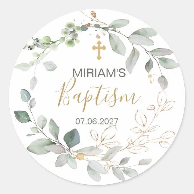 Greenery and gold foliage Baptism Classic Round Classic Round Sticker (Front)