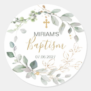 Greenery and gold foliage Baptism Classic Round Sticker