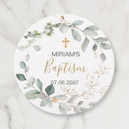 Greenery and gold foliage Baptism Favor Tags