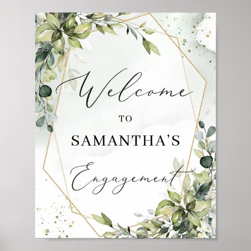 Greenery and Gold Frame Engagement welcome sign
