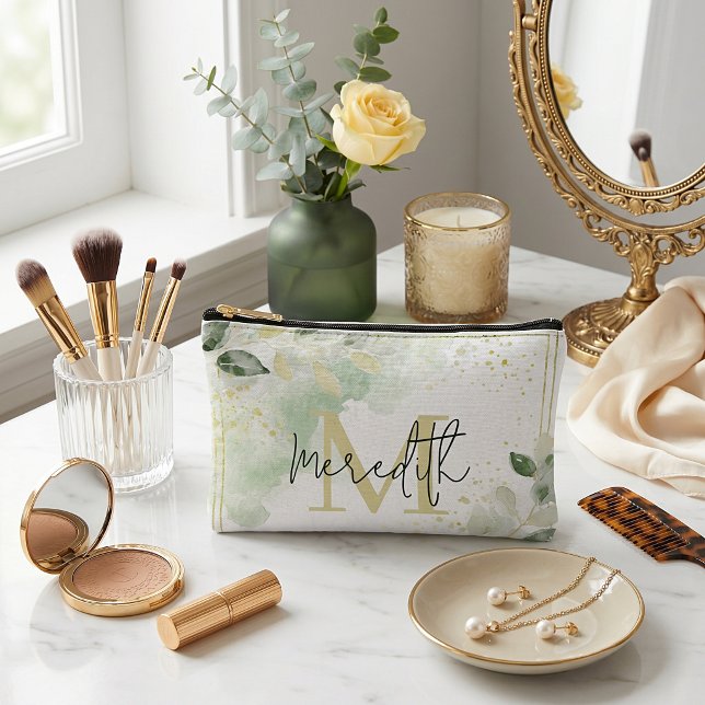 Greenery and gold frame personalized accessory pouch (Creator Uploaded)