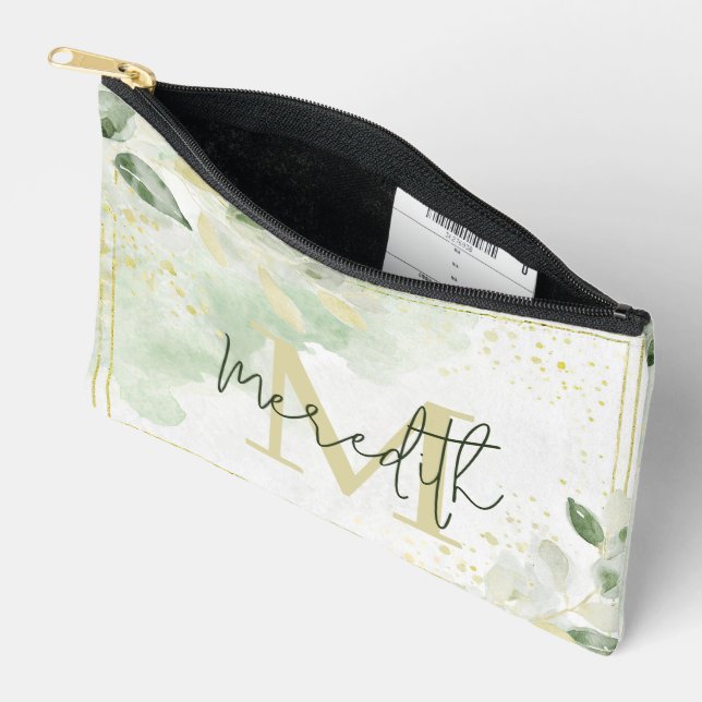 Greenery and gold frame personalized accessory pouch (Open)