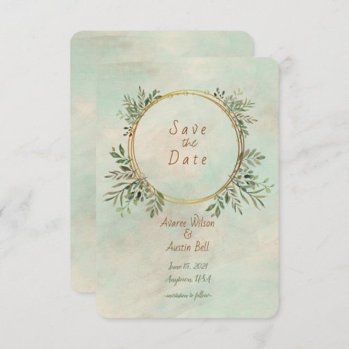 Greenery and Gold Geometric Frame Save The Date