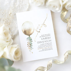 Greenery and Gold Glitter Balloon Baby Shower Invitation