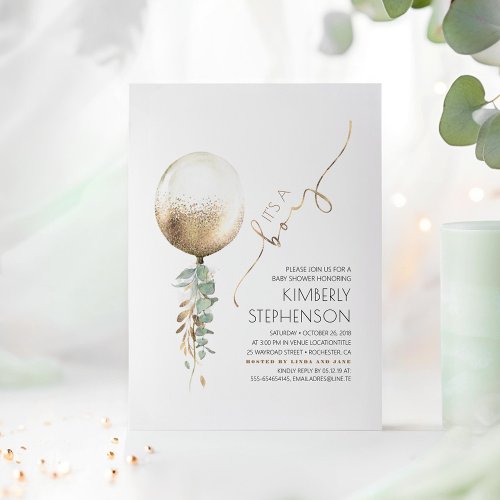 Greenery and Gold Glitter Balloon Baby Shower Invitation