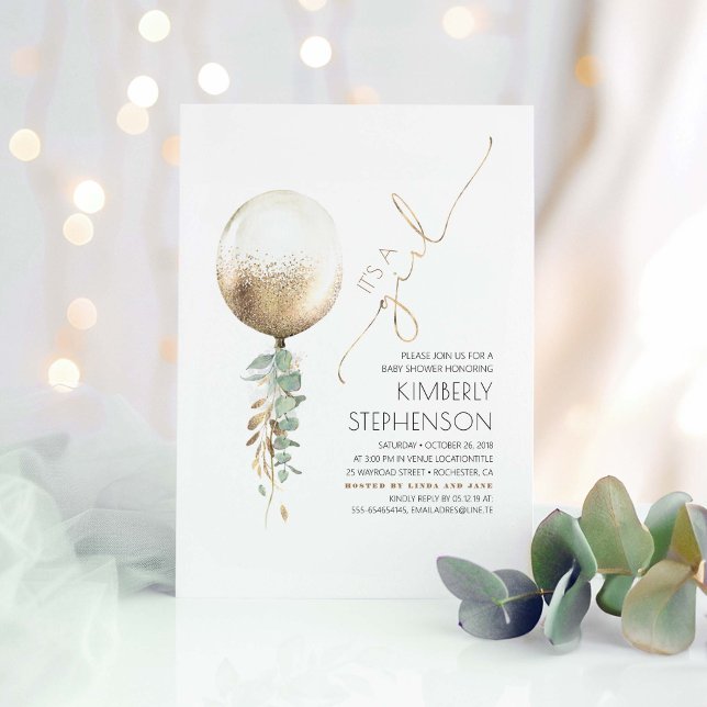 Greenery and Gold Glitter Balloon Baby Shower Invitation