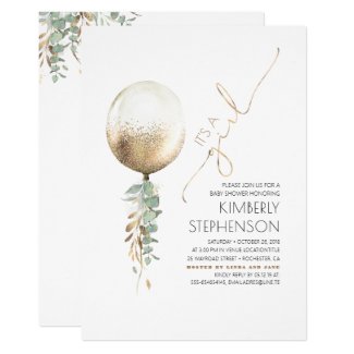 Greenery and Gold Glitter Balloon Baby Shower Invitation