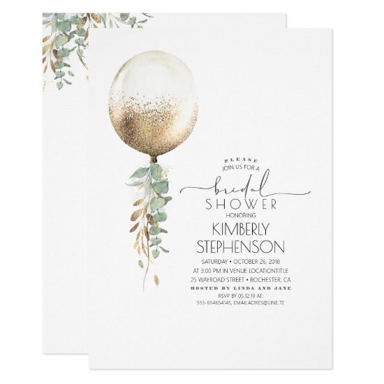 Greenery and Gold Glitter Balloon Bridal Shower Invitation