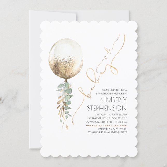 Greenery and Gold Glitter Balloon Oh Baby Shower Invitation (Front)