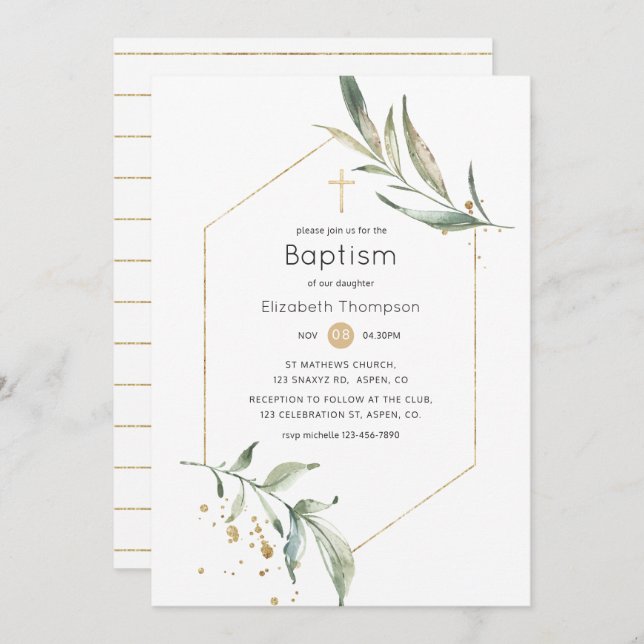 Greenery and Gold Glitter Geometric Baptism Invitation (Front/Back)