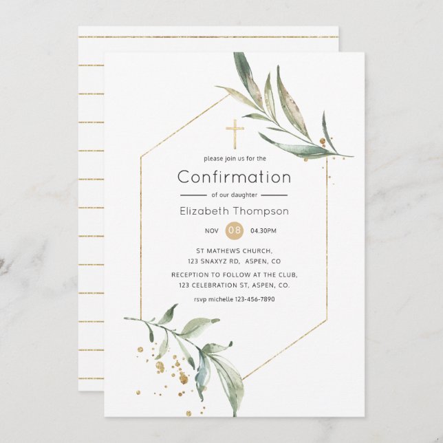 Greenery and Gold Glitter Geometric Confirmation Invitation (Front/Back)