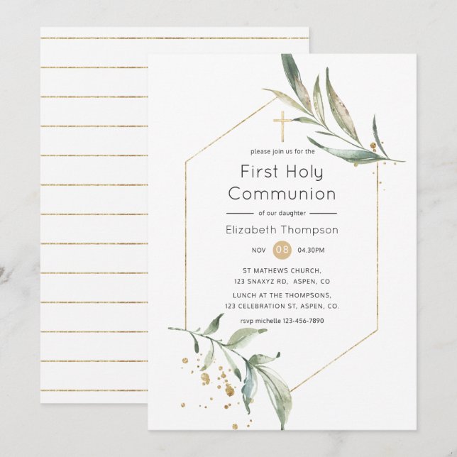 Greenery and Gold Glitter Geometric Holy Communion Invitation (Front/Back)