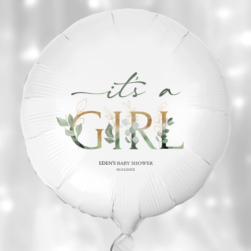 Greenery And Gold Its A Girl Baby Shower Balloon