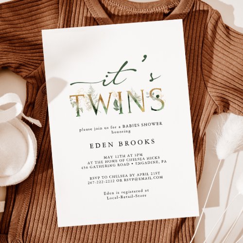 Greenery and Gold Its Twins Baby Shower Invitation