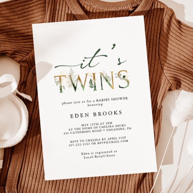 Greenery and Gold It's Twins Baby Shower Invitation (Creator Uploaded)