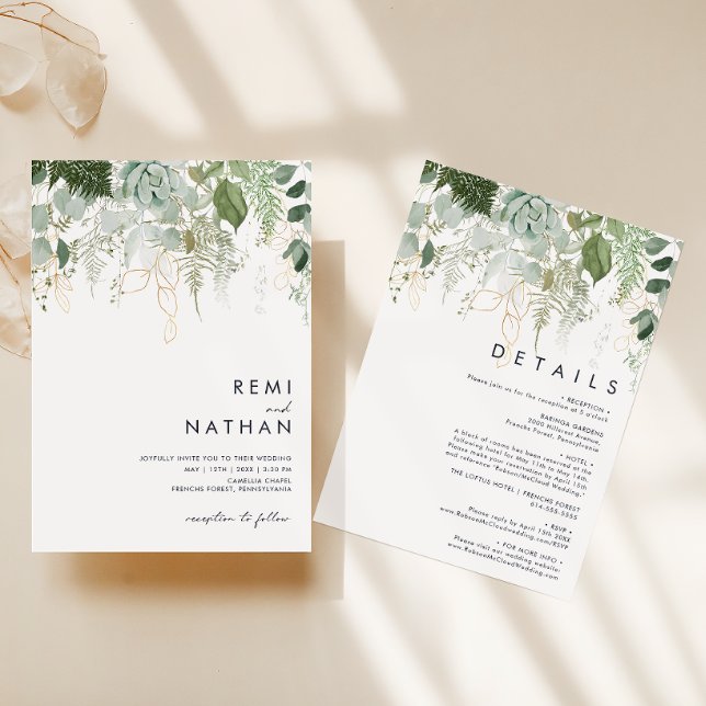 Greenery and Gold Leaf All In One Wedding Invitation