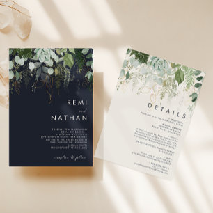 Greenery and Gold Leaf All In One Wedding Invitation