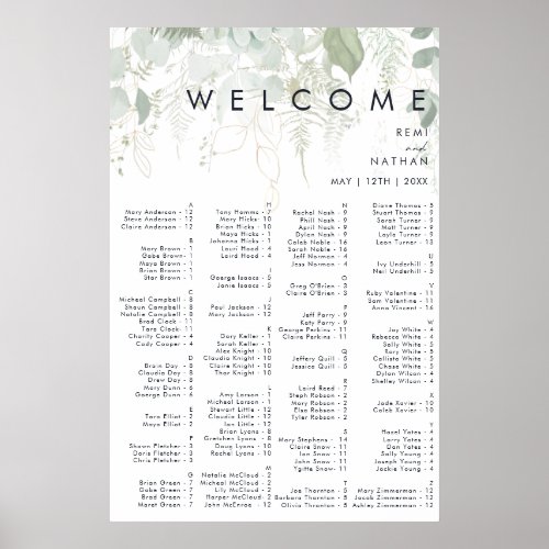 Greenery and Gold Leaf Alphabetical Seating Poster