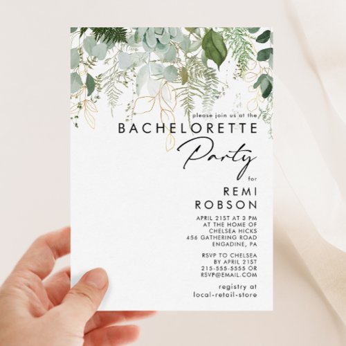 Greenery and Gold Leaf Bachelorette Party Invitation