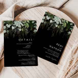 Greenery and Gold Leaf   Black All In One Invitation