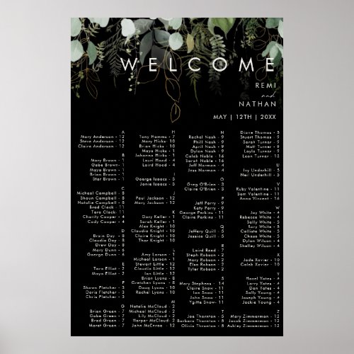 Greenery and Gold Leaf  Black Alphabetical Poster