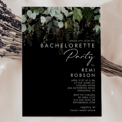 Greenery and Gold Leaf Black  Bachelorette Party Invitation