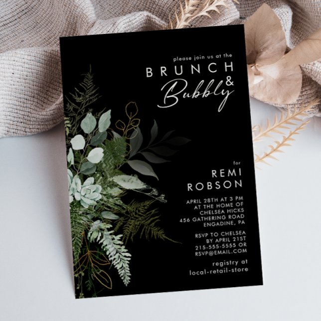 Greenery and Gold Leaf | Black Brunch and Bubbly Invitation (Creator Uploaded)