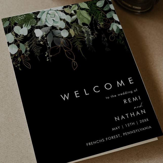 Greenery and Gold Leaf | Black Folded Wedding Program (Creator Uploaded)