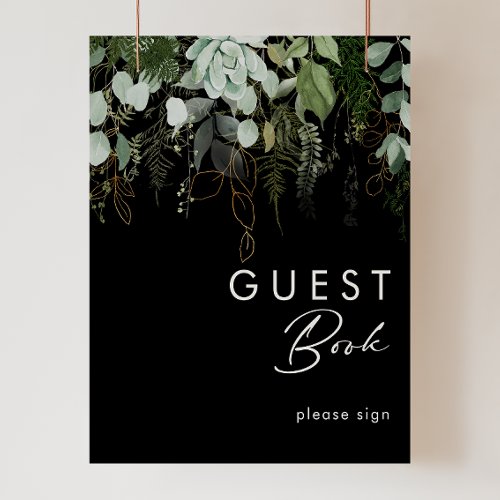 Greenery and Gold Leaf  Black Guest Book Sign