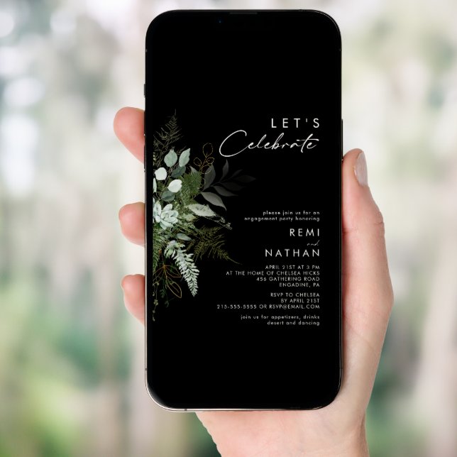 Greenery and Gold Leaf | Black Let's Celebrate Invitation (Front Digital)