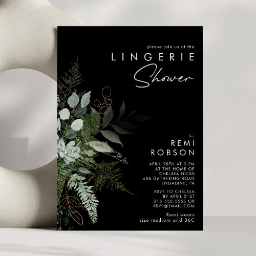 Greenery and Gold Leaf Black  Lingerie Shower Invitation