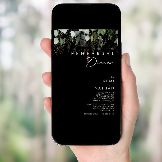 Greenery and Gold Leaf | Black Rehearsal Dinner Invitation (Front Digital)