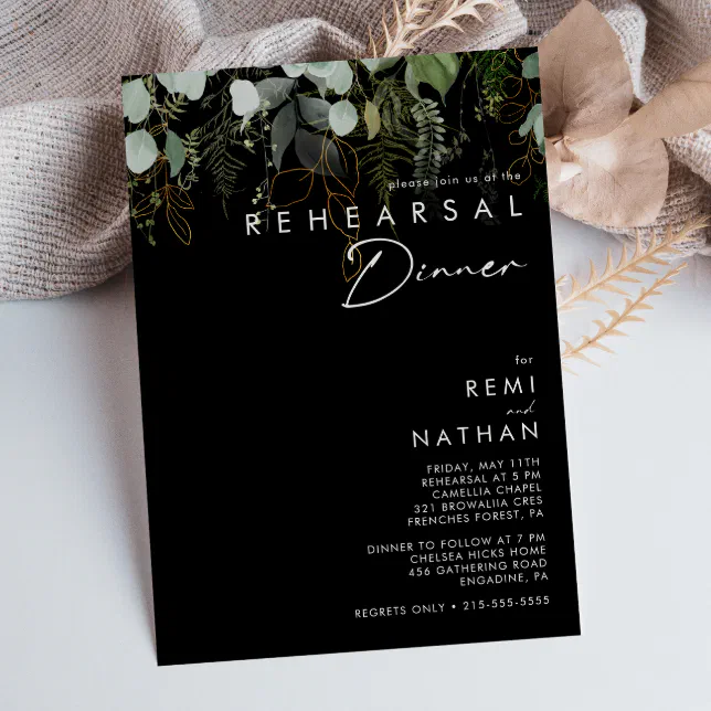 Greenery And Gold Leaf Black Rehearsal Dinner Invitation Zazzle