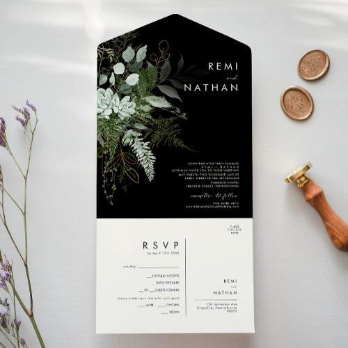 Greenery and Gold Leaf  Black Seal And Send All In One Invitation