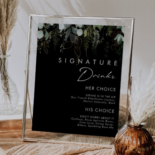 Greenery and Gold Leaf Black Signature Drinks Sign