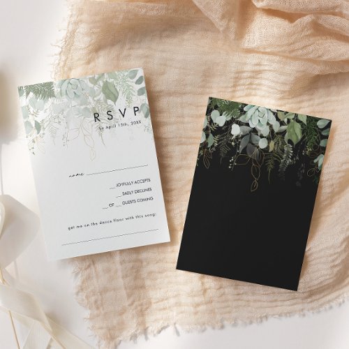 Greenery and Gold Leaf  Black Song Request RSVP Card