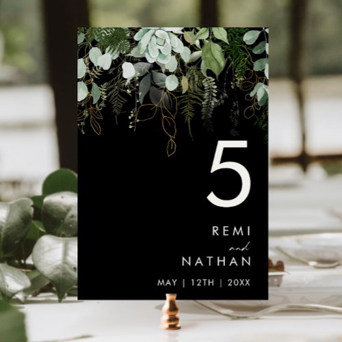 Greenery and Gold Leaf  Black Table Number