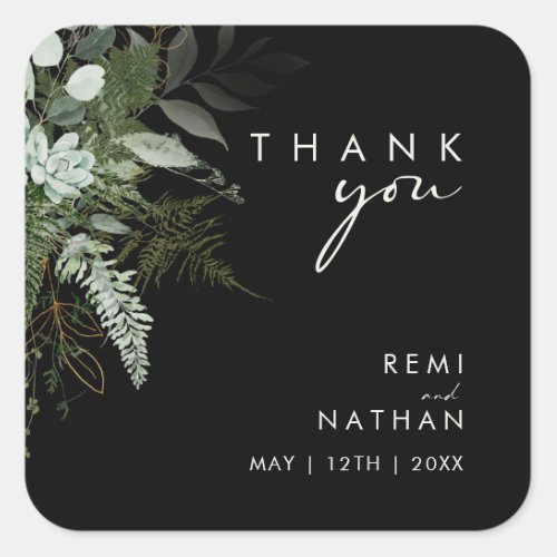 Greenery and Gold Leaf  Black Thank You Sticker