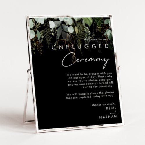 Greenery and Gold Leaf  Black Unplugged Ceremony Poster