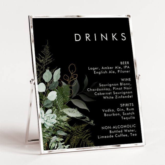 Greenery and Gold Leaf | Black Wedding Drinks Menu Poster (Creator Uploaded)