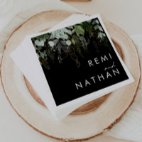Greenery and Gold Leaf | Black Wedding Napkins