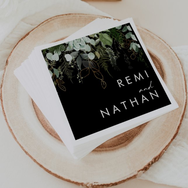 Greenery and Gold Leaf | Black Wedding Napkins (Creator Uploaded)