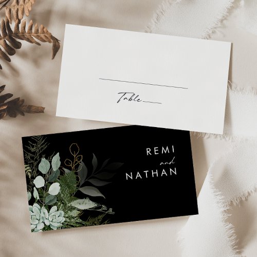 Greenery and Gold Leaf  Black Wedding Place Card