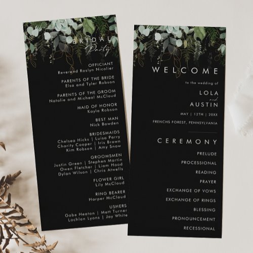 Greenery and Gold Leaf  Black Wedding Program