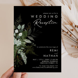 Greenery and Gold Leaf | Black Wedding Reception Invitation