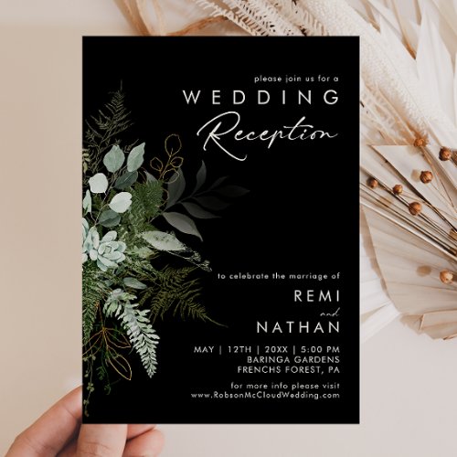 Greenery and Gold Leaf  Black Wedding Reception Invitation