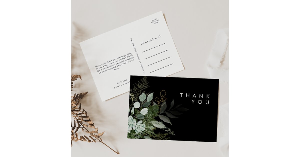 Greenery and Gold Leaf Black Wedding Thank You Postcard | Zazzle