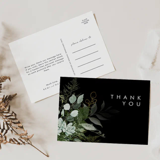 Greenery and Gold Leaf Black Wedding Thank You Postcard | Zazzle