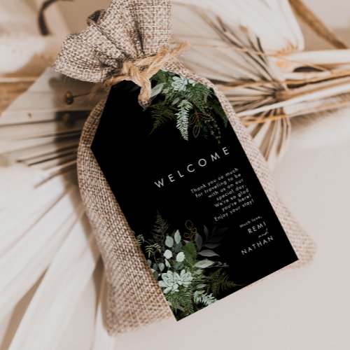Greenery and Gold Leaf  Black Wedding Welcome Gift Tags