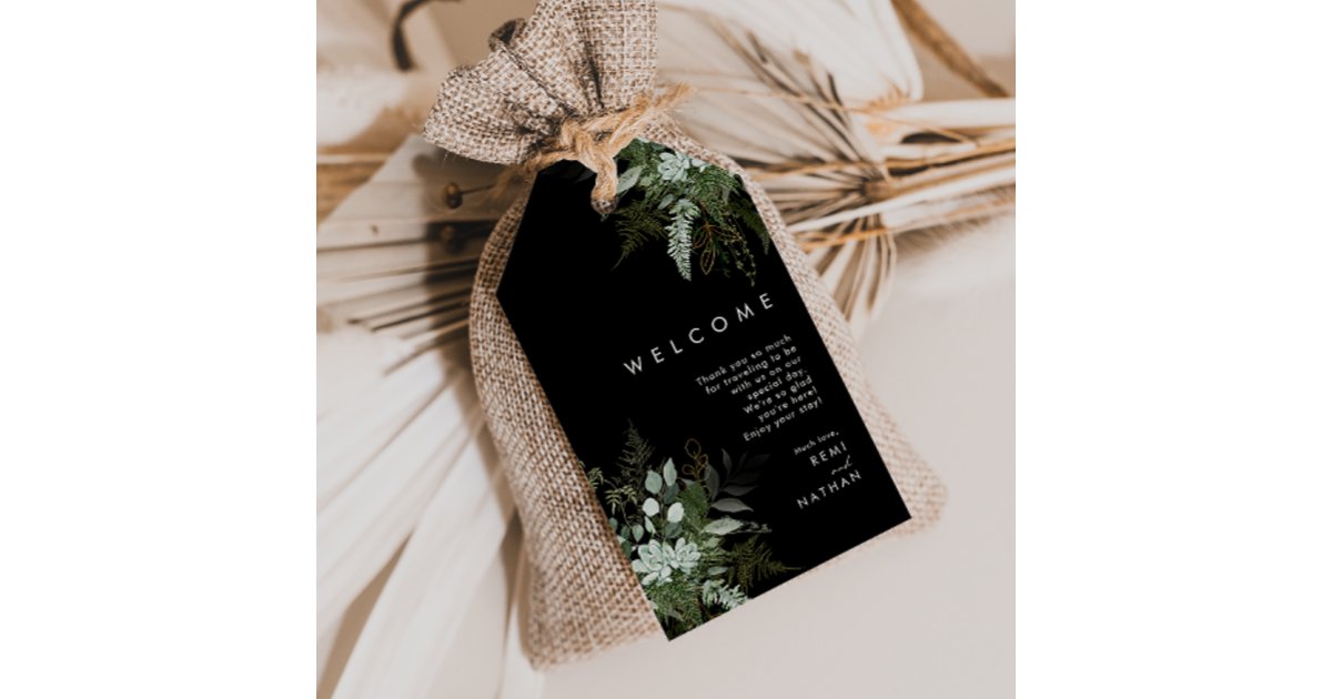 Greenery and Gold Leaf | Black Wedding Welcome Gift Tags | Zazzle